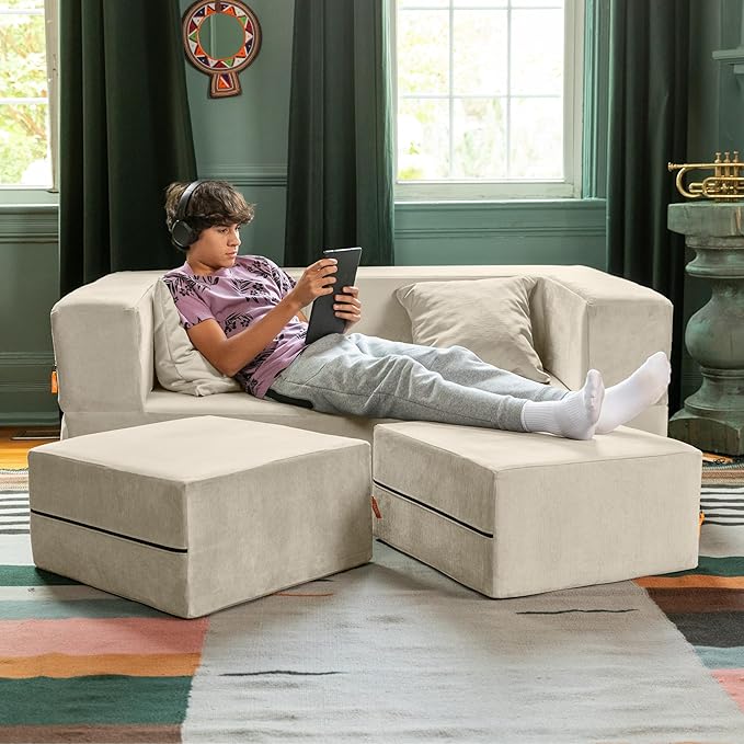 Jaxx Zipline Convertible Sleeper Loveseat &amp Ottomans Textured Microvelvet - Ivory