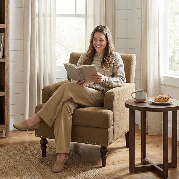 Upholstered Accent Chair with Thick Cushion High Back Reading Chair Linen Blend Armchair with Solid Rubberwood Legs for Living Room Bedroom Reading Apartment &amp Small SpacesBrownSet of 2