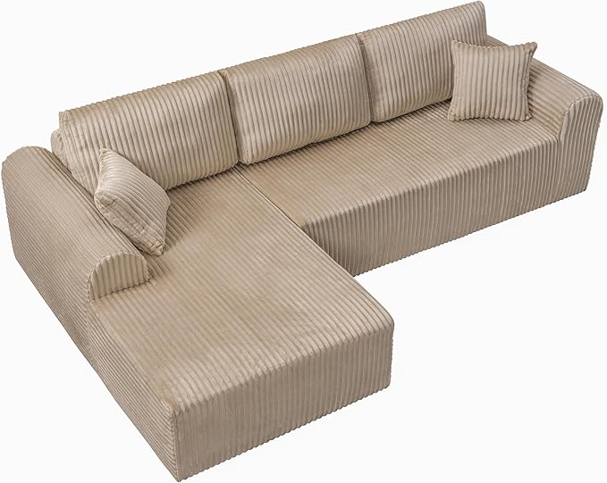 109-Inch L-Shaped Left Facing Boneless Corner Sofa 2 PCS Modular Sectional Cloud Sofa Couch with Chaise Lounge and Toss Pillow Corduroy Boneless L-Shaped Couches