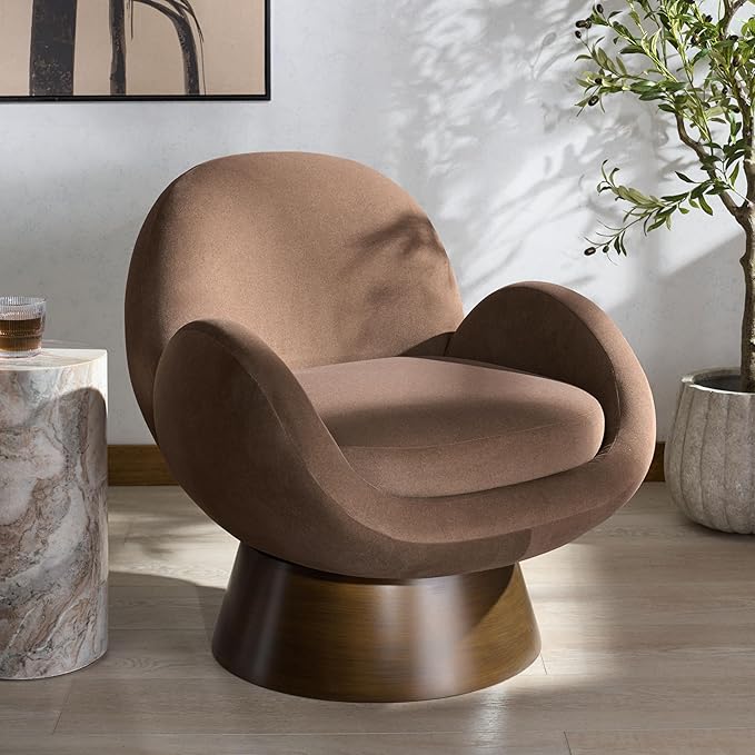 SAFAVIEH Couture Collection - Paolini Brown Upholstered Accent Chair Metal Swivel Base Sculptural Modern Design (SFV4880B)
