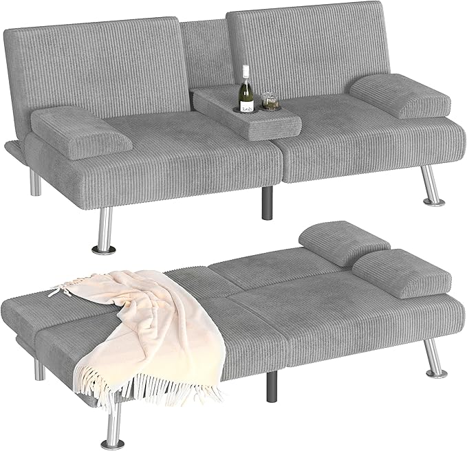 Homall Futon Sofa Bed Futon Couch with Removable Armrests Adjustable Recliner Sleeper Sofa Bed with Dual Cup Holders for Living Room Apartment Office (Corduroy Grey)