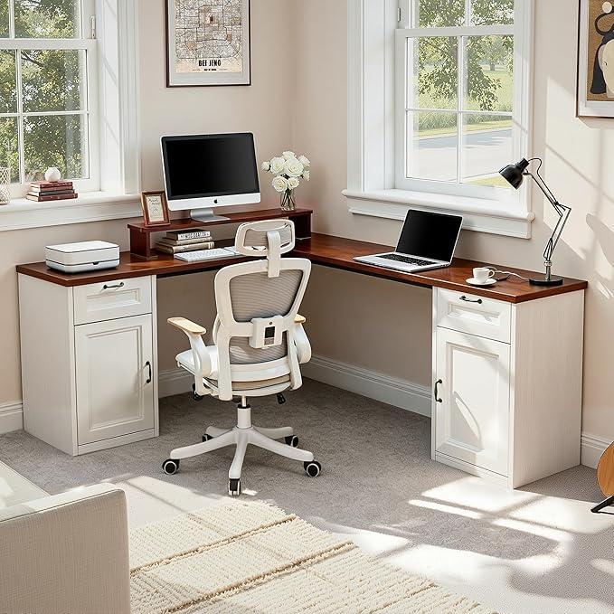 78 Farmhouse L Shaped Executive Desk with Drawers Modern Computer Desk with Power Outlets Office Writing Desk with Monitor Stand &amp Storage Cabinet Printer Shelf Antique White
