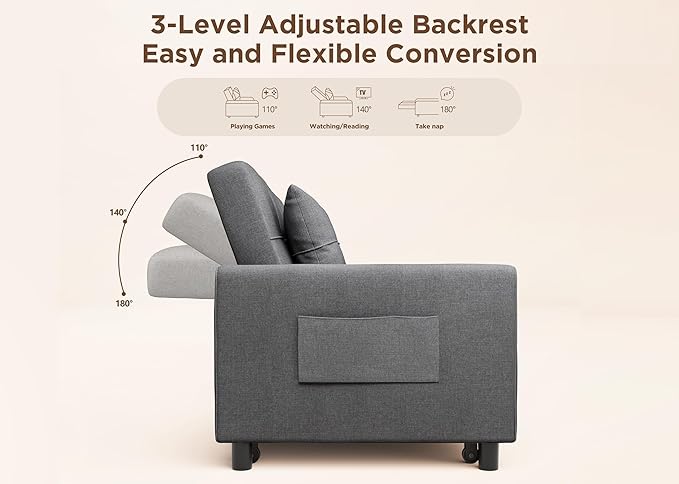 Aiho Pull Out Couch Convertible Sofa Bed with Adjustable Backrest 5 Seater Sectional Sleeper Sofa Couch Bed with Spring Support for Apartment Living Room Dark Grey