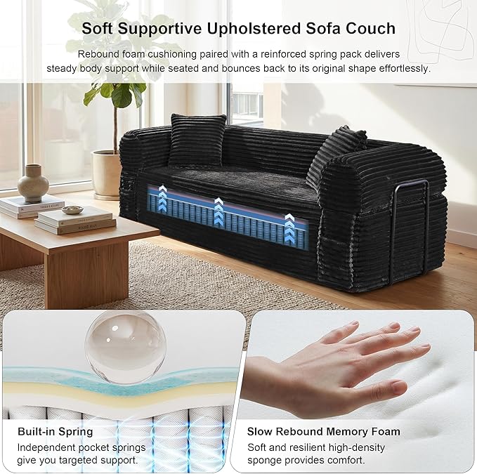 83'' Boneless Couch in A Box No Assembly Needed Sofa Bed Couch 3 Seater Corduroy Modern Cloud Sofa 29'' Deep Seat with 2 Pillows &amp Removable Backrest for Living Room Bedroom Apartment Black |