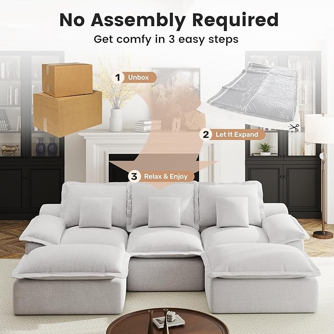 Modular Sectional Sofa 107'' Boneless Couches for Living Room 5-Seat Sofa with 2 Ottomans Cloud U Shaped Couch No Assembly Required Chenille Grey