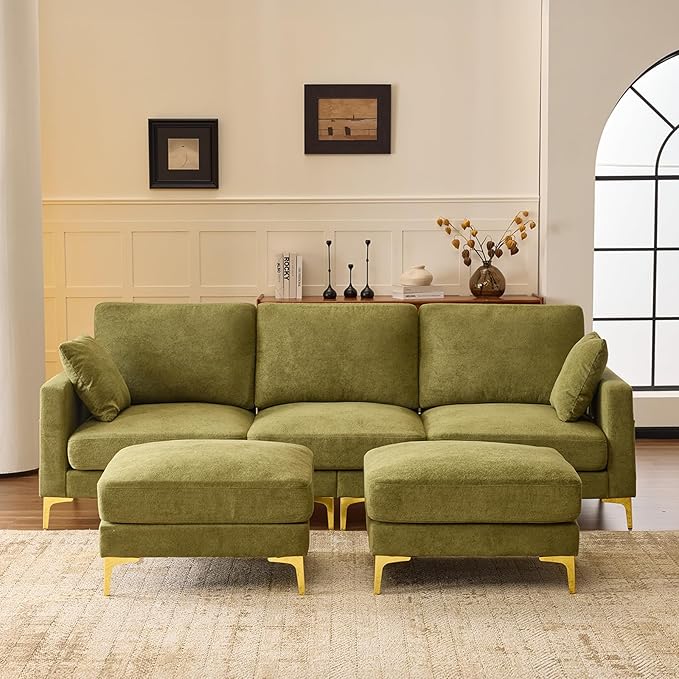 VINGLI 100 W U Shaped Couch with Ottoman 22 Deep Seat Comfortable Sectional Couches for Living Room 3 Seater Chenille Fabric Cloud Sofa for Apartment Small Spaces Bedroom Green