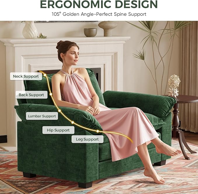 HUSFU 49.5'' W Oversized Accent Chair Chenille Cloud Sofa Chair with Deep Seat and Extra Wide Armrests Comfy Reading Armchair for Bedroom Living Room Set of 2 Green