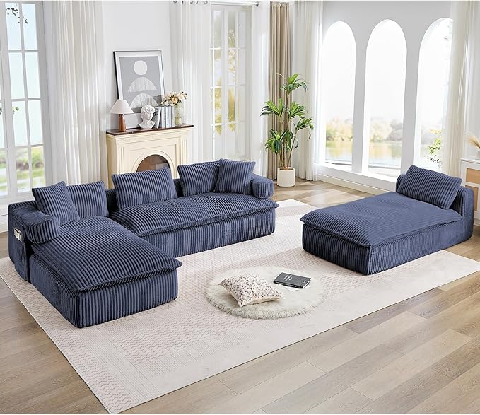 Oversized Cloud Boneless Couch with Chaise 149 Modern U Shape Modular Deep Seat Sectional Sofa Comfy Corduroy Upholstered Couches for Living Room No Assembly Required Navy Blue