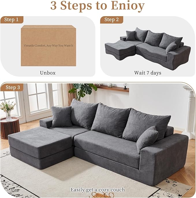 108'' Modular Sectional Couch Modern 3-Seater Boneless Cloud Sleeper Sofa L-Shaped Convertible Sectional with Non-Slip Bottom No Assembly Required Deep Seats Couch for Living Room Grey