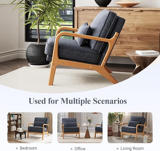 Accent Chair with Solid Wood Frame Mid-Century Relaxing Armchair Lumbar Pillow&amp Soft Cushion Reading Leisure Chair for Living Room Bedroom Waiting Room-Blue