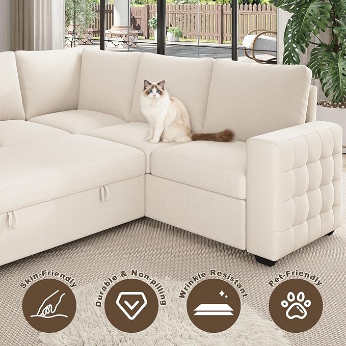 86 Inch Sectional Sleeper Sofa 5 Seat L Shaped Sleeper Sectional Couch with Pull Out Bed Convertible Sofa Bed with Storage for Living Room Apartment Modular Cloud Couches Beige