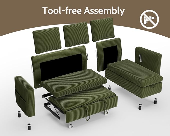 WEUP 82 L Shaped Sectional Sleeper Sofa Bed with Pull Out Bed Sectional Sleeper Couch Pull Out Couch with Reclining Backrest/Reversible Storage Chaise/USB Ports/Tool-Free Assembly Corduroy Green
