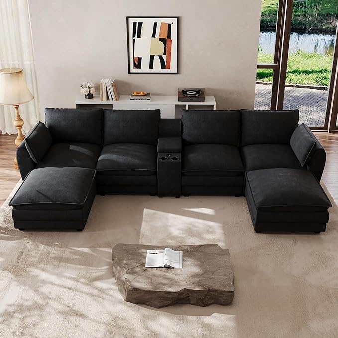 Cloud Couch Sectional Sofa 145.5 Comfy U Shape Sectional Couches for Living Room Modern Chenille Cloud Sofa Deep Seat Modular Couch with Ottoman Storage Console USB Port Cup HolderBlack