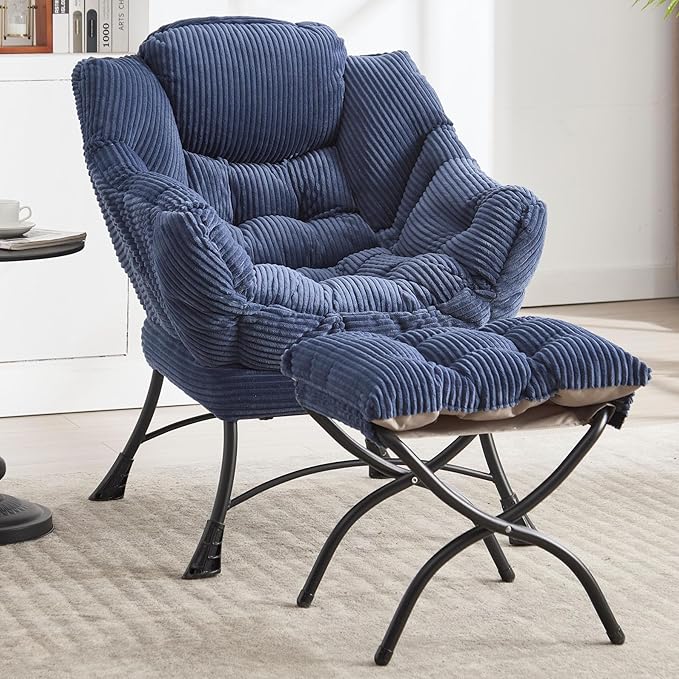 Lazy Chair with Ottoman &amp Storage Pocket Reading Chair for Bedroom Living Room Small Space Comfy Lounge Chairs Steel Frame Oversized Ergonomic Corduroy (Navy Blue)