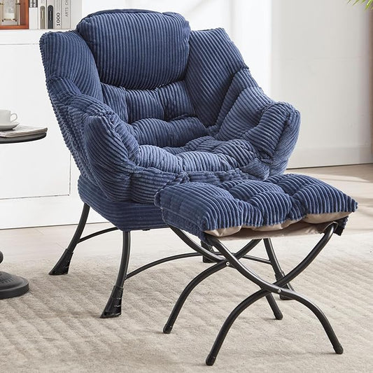 Lazy Chair with Ottoman &amp Storage Pocket Reading Chair for Bedroom Living Room Small Space Comfy Lounge Chairs Steel Frame Oversized Ergonomic Corduroy (Navy Blue)