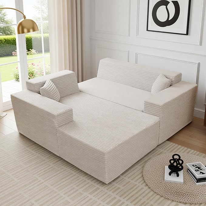 Claiks 110 Boneless Couch Cloud Couch Sectional U-Shape Corduroy Modular Sectional Sofa Deep Seat Upholstered Couches for Living Room No Assembly Required Beige