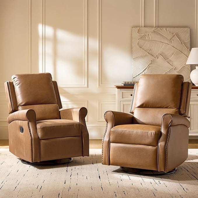 HULALA HOME Faux Leather Swivel Rocker Recliners Set of 2 with Adjustable Backrest and Footrest Push Back Recliner Chairs with Nailhead Trim Swivel Glider Rocking Chairs for Living Room Camel