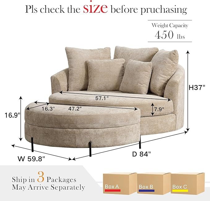 Aoiy &amp Wifon 59.8 W Oversized Barrel Chair with Ottoman Round Chair with Ottoman Extra Large Living Room Chair Set with Wheels Knitted Chenille Wheat