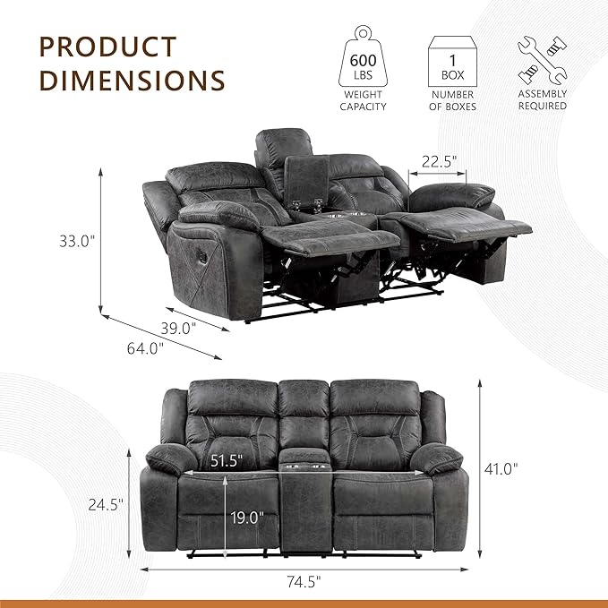 Homelegance Reclining Loveseat Polished Microfiber Manual Double Recliner Loveseat with Center Console Gray