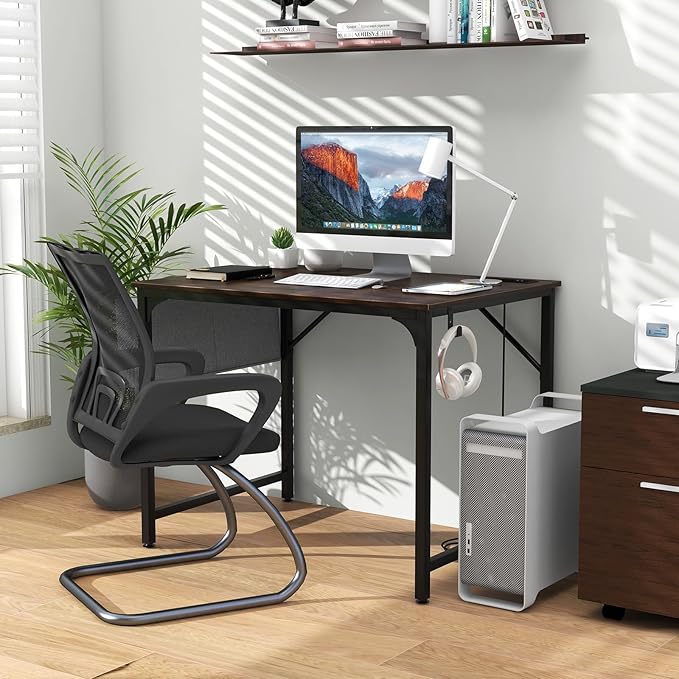 Tangkula 32” Computer Desk with Charging Station Modern Simple Study Writing Desk with Storage Bag Headphone Hook Sturdy Metal Frame Home Office Workstation