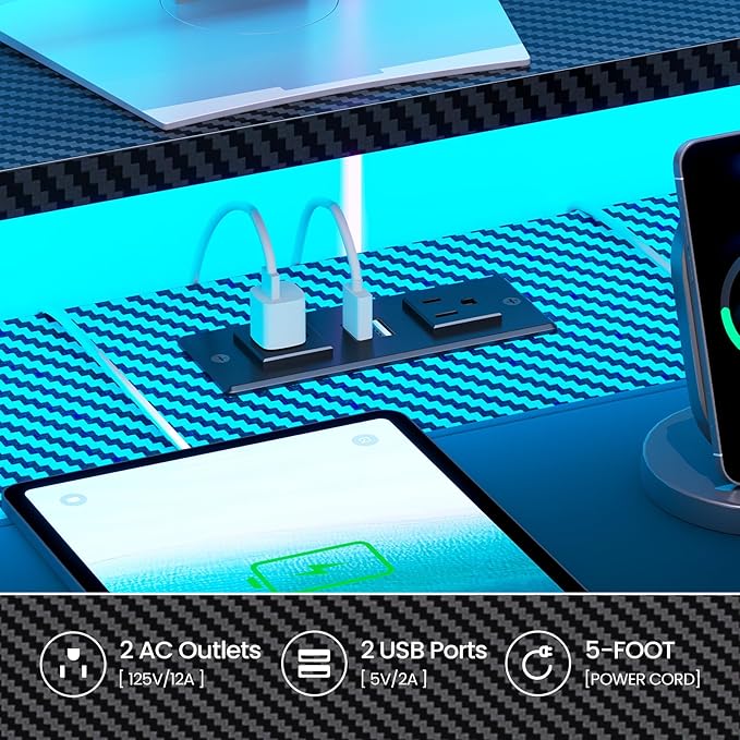 Itaar 79 Gaming Desk with 2 Fabric Drawers Long Computer Desk with Power Strip &amp LED Lights U Shaped Desks with Storage and Cup Holder Large Gaming Table for Bedroom Carbon Fiber Black