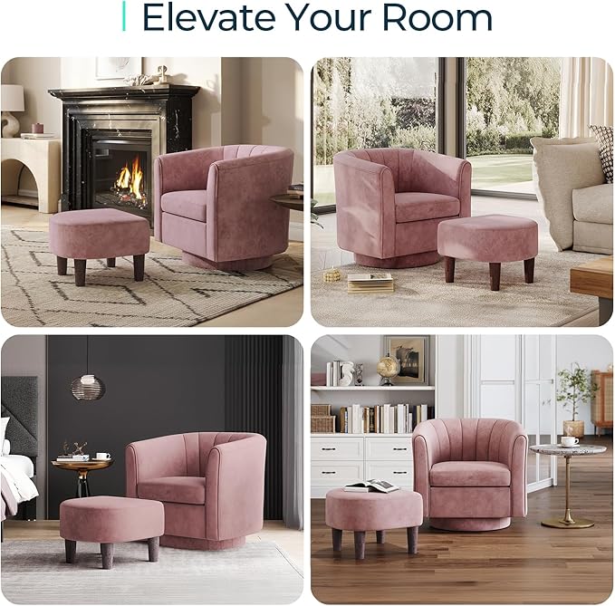LINSY Swivel Accent Chair Ottoman Set: Velvet Small Barrel Chair with Foot Rest Modern Reading Chair Upholstered Armchair with Footrest for Living Room Bedroom Study Room Office (Pink)