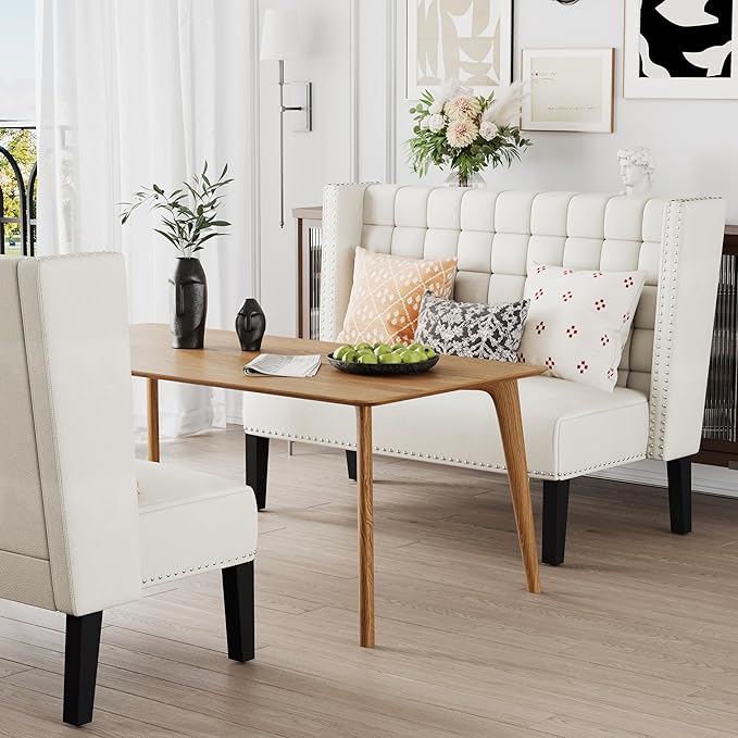 Andeworld Modern Loveseat Settee Bench Sofa Couch Upholstered Banquette Dining Bench with Back for Dining Living Room Hallway or Entryway SeatingWhite