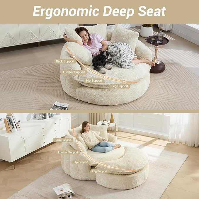 54 Round Chaise Lounge with Ottoman Big Bean Bag Round Sofa Bed Oversized Round Couch Boneless Reading Chair Comfy Plush Chenille Large Chaise Chair for Living Room Apartment Beige