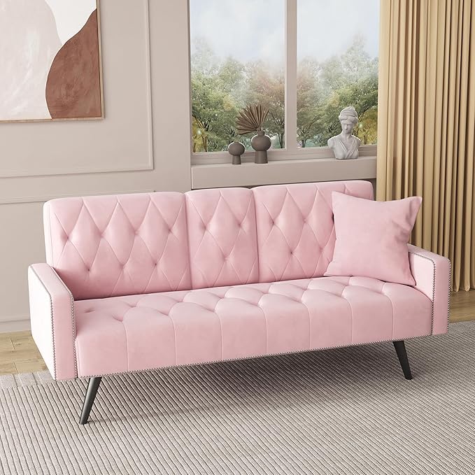 Modern Velvet 2 in 1 Futon Sofa BedConvertible Folding Sleeper Bed Couches with 2 Pillows73 Tufted Recliner Love Seat with Golden Chrome Legs for Living Room Apartment Office (Pink)