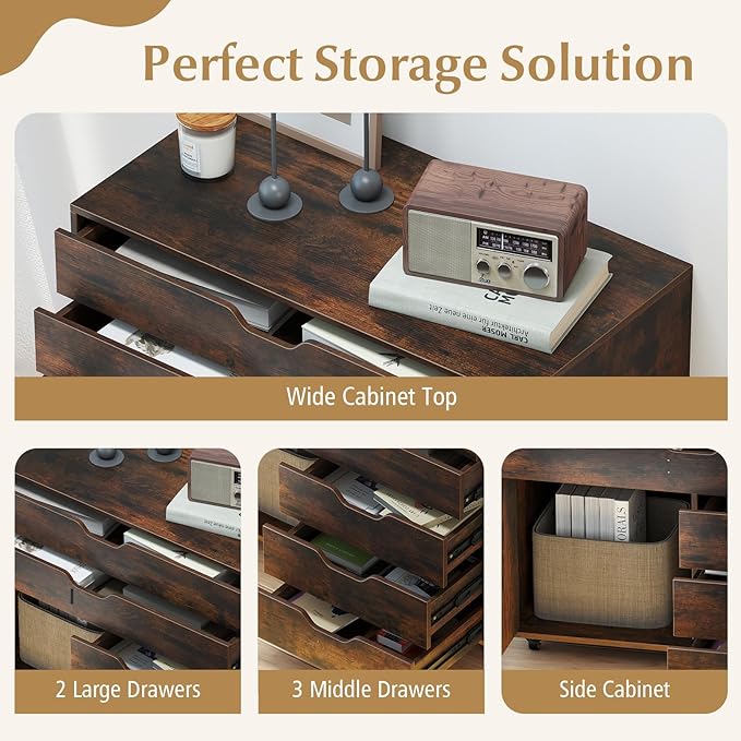 File Cabinet Rustic Filing Cabinet w/Universal Wheels Wood Printer Stand w/Storage Rolling File Cabinets for Home Office Living Dining Room (Rustic Brown 2 Large Drawers &amp 3 Small Drawers)