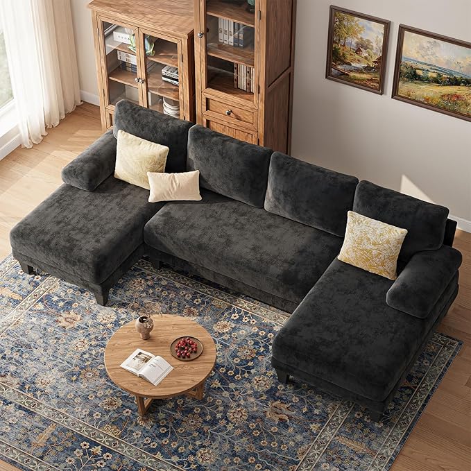 Sectional Couches for Living Room | 112 Inch U-Shaped Sectional Couch | 4 Seat Sofa Set with Double Chaise for Apartment | Black Chenille