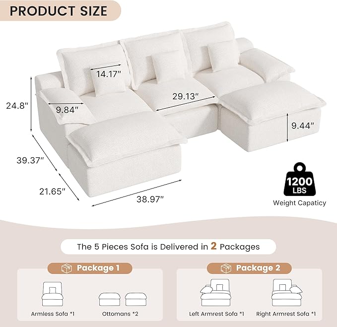 Modular Sectional Sofa 107'' Boneless Couches for Living Room 5-Seat Sofa with 2 Ottomans Cloud U Shaped Couch No Assembly Required Chenille Beige