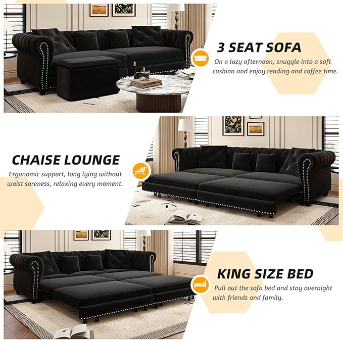 3-in-1 Convertible Sleeper Sofa Bed with Storage Ottoman King Size Velvet Tufted Chesterfield Sofa for Living Room Apartment Guest Room (Black)