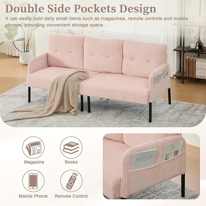 KEIKI 67 Corduroy Loveseat Sofa with Double Side Pockets &amp High Resilience Cushion Modern Style Upholstery Oversized 2-Seater Couch with Metal Legs Easy Assembly for Living Room Pink