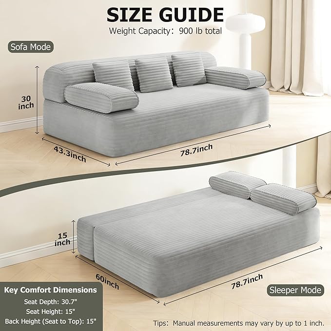 Convertible Sofa Bed 78.7 Frameless Floor Sofa-in-a-Box Corduroy Boneless Couch for Small Space Apartments Queen Sleeper Sofa for Everyday Use 3 Pillows Included No Assembly (Light Grey)