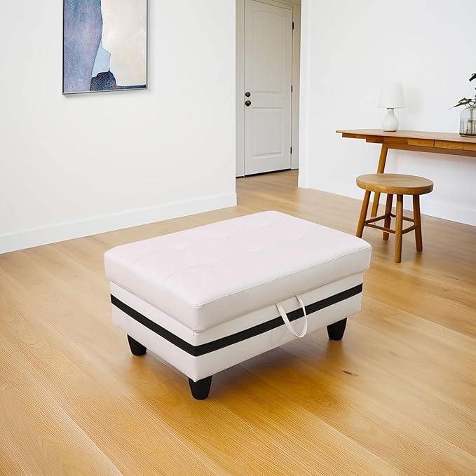 Leather Storage Ottoman Bench 34-inch Rectangular Bench for Living Room Furniture Sets Safety Hinged Lid &amp Button-Tufted Ottoman with Legs for Living Room/Bedroom/Entryway (White&ampBlack#1)