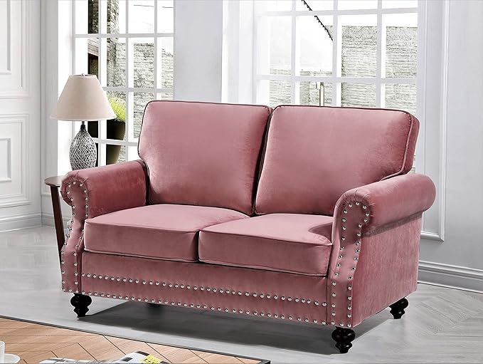 Lotus Mid Century Modern Velvet Upholstered Living Room Rolled Arms Loveseat Rose