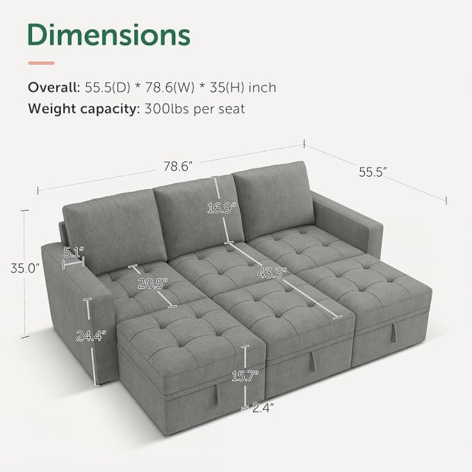 HONBAY Modular Sectional Couch Sleeper Sofa Bed with Storage Seats Oversized Sectional Couches for Living RoomWarm Grey