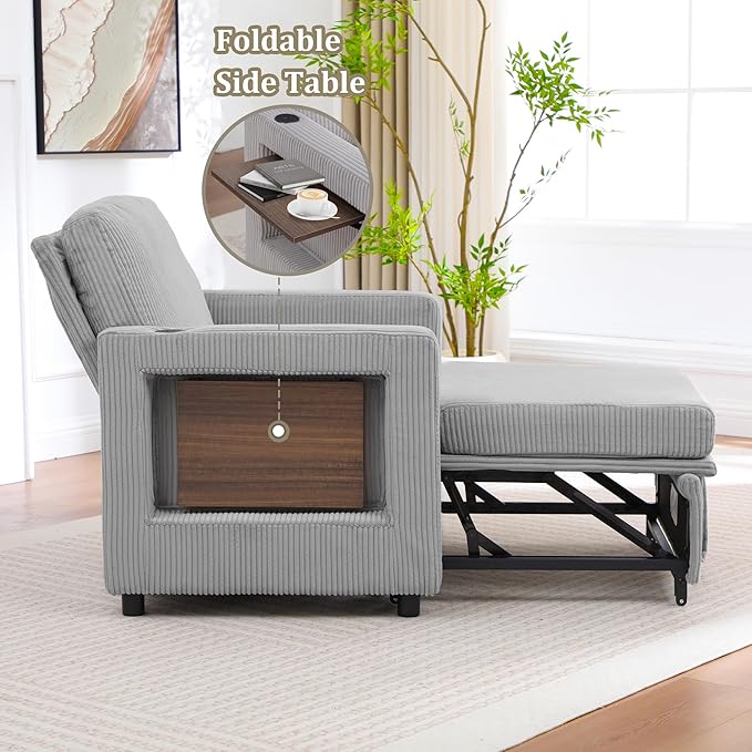 3 in 1 Folding Convertible Sleeper Sofa Bed Pull Out Couch with Side Pockets USB Port Side Table Single Sofa Bed with Adjustable Backrest for Living Room Bedroom 66 LIGHTGREY 1 SEAT
