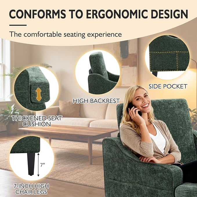 Accent Chair for Living Room Upholstered Living Room Chair with Side Pockets Comfy Accent Chairs for Bedroom Mid Century Modern Armchair for Office Apartment Waiting Room Club (Green)