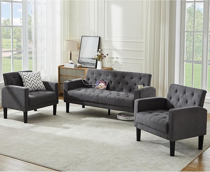 TYBOATLE Mid-Century Modern Tufted Loveseat Sofa Set w/ 2 USB &amp 2 Cupholders 3 Piece Living Room Furniture Sets Small Love Seat Couches for Small Space Apartment Bedroom Office(Dark Grey)