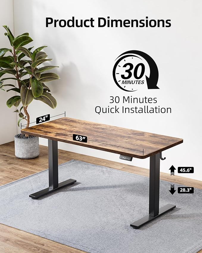 TIQLAB 63 x 24 Inch Electric Standing Desk Sit to Stand Up Work Home Office Table for Study Writing and Games Splice Board Rustic Brown