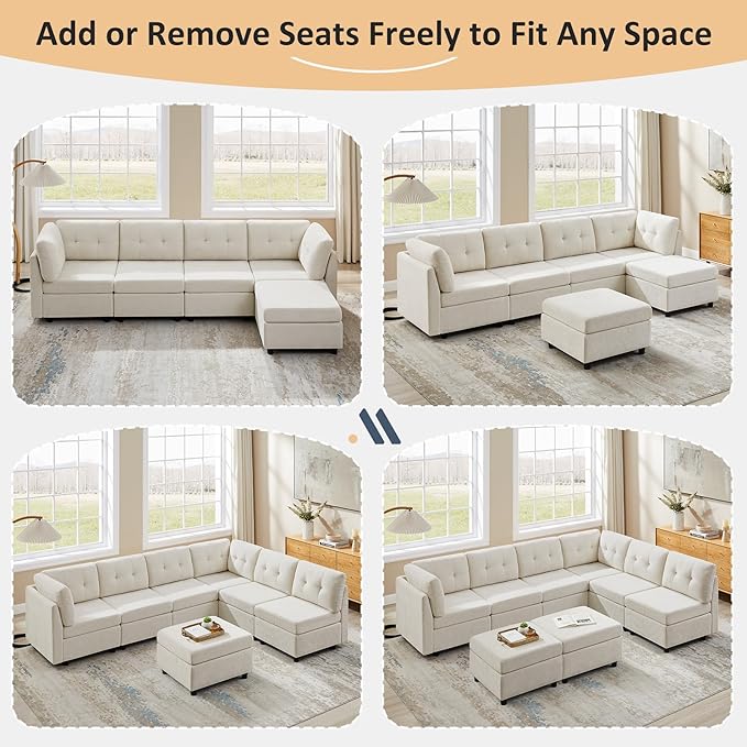 VANOMi 5 Seater Modular Sectional Sofa Convertible Modular Cloud Sofa Bed with Ottoman Comfy Chenille Sofas &amp Couches for Living Room Apartment Office White Sofa Bed