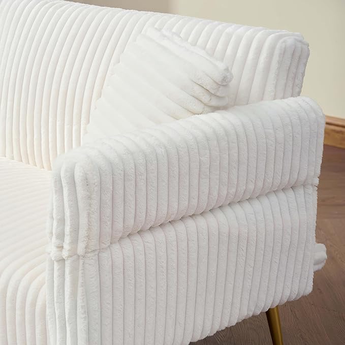 Modern Cozy Futon Sofa Bed White Loveseat with Adjustable Backrest and Armrests Corduroy Couch with Pillows Pocket for Small Spaces Living Room Apartment Or Office (White)