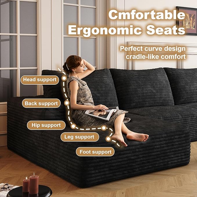 136 Sectional Couches for Living Room Cloud Couch Sofa with L-Shape Upholstered Boneless Couchs Modern Modular Sectional Couch with Chaise (Black 136 Left Facing Chaise+3Seaters+Ottoman)