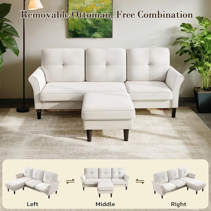 Sofas for Living Room 83 Velvet Sectional Couch with Moveable Ottoman Midcentury Modern Small Sectional Couch L Shape Sofa &amp 3 Seater Couches for Living Room Apartment Bedroom Beige
