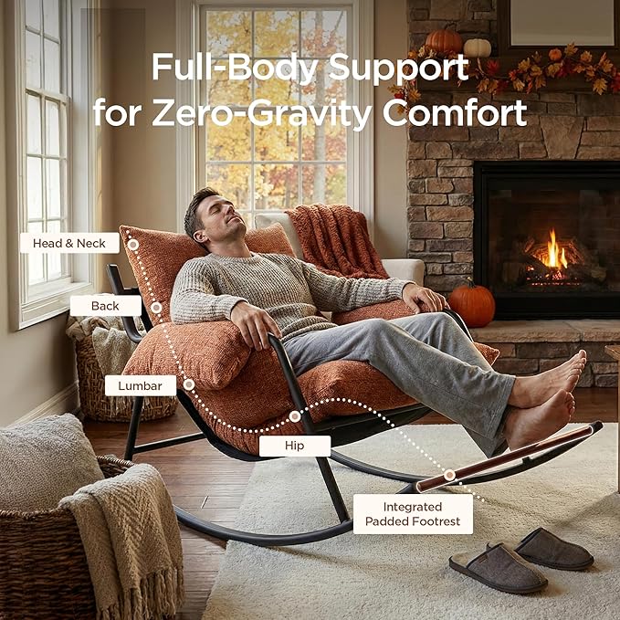 Acanva Oversized Rocking Chair Hybrid Latex Cushion Reading Chair with Aluminum Frame Chenille Lounge Armchair for Indoor Bedroom Living Room Reading Nook Tangerine