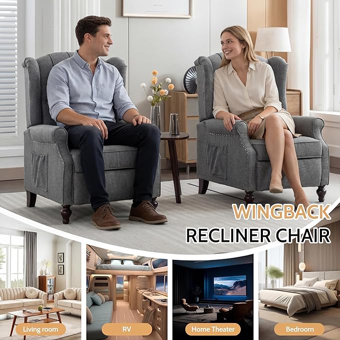BINGTOO Push Back Recliner Chair with Massage and Heat Mid Century Tufted Fabric Wingback Chair with Rivet Decoration for Living Room Bedroom Gray 1 Chair