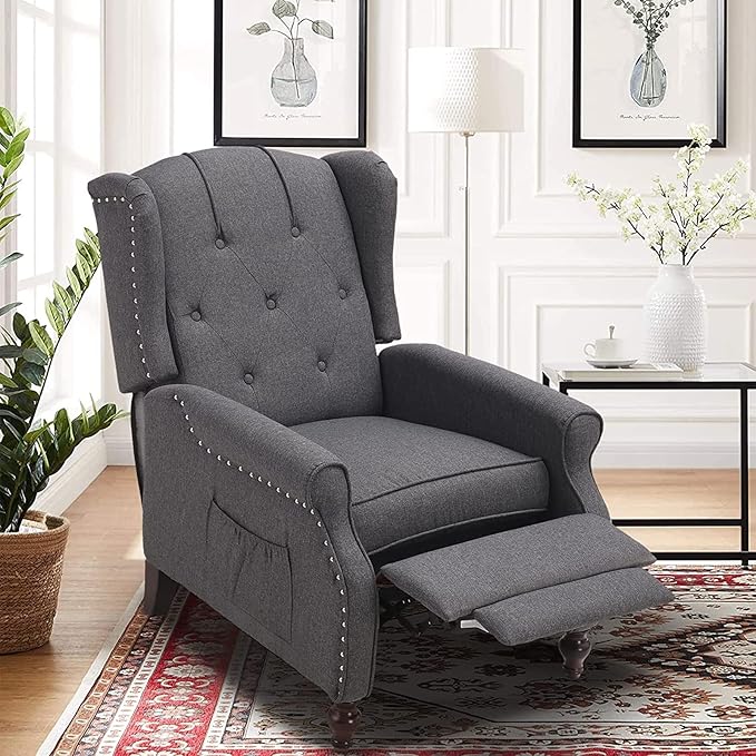 Wingback Recliner Chair with Massage and Heat Tufted Fabric Push Back Recliner Chair for Living Room Vintage Wingback Chair with Remote Control Padded Cushion Backrest Wooden Legs