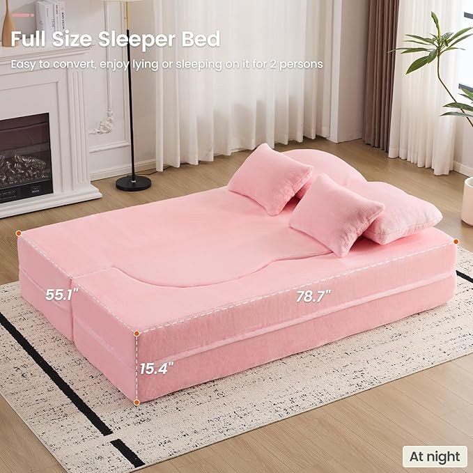 78” Convertible Folding Sofa Bed Full Size Sleeper Loveseat Chenille Full Foam Floor Couch for Living Room Bedroom No Assembly Required (Pink)